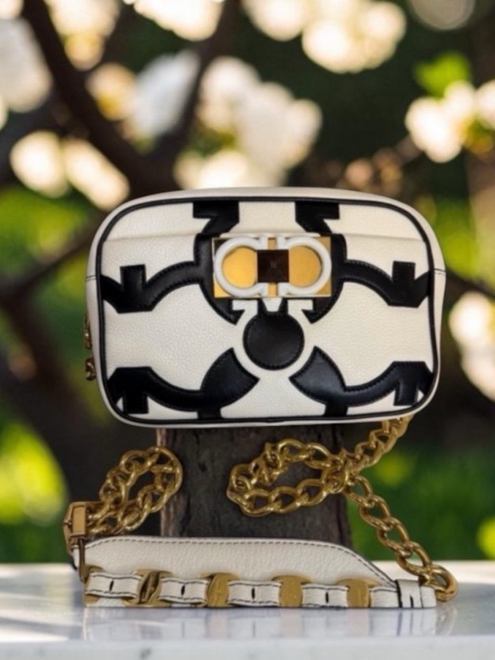 Salvatore Ferragamo RARE GANCINI leather black-and-white w/chain Crossbody